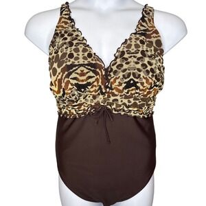 Profile Womens Brown Animal Print Mesh Ruched Bust One Piece Swimsuit 16W Chic